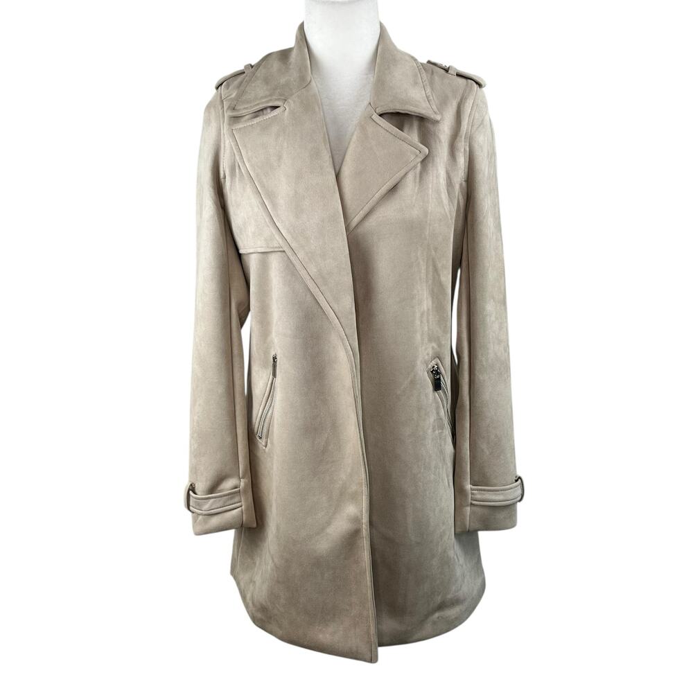 NWT Magaschoni Open Front Faux Suede Trench Coat Jacket Stone Beige XS